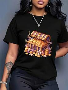 Camiseta Blanca Holgada de Talla para Mujer - Estampado de Monedas del Tesoro Pirata, Top Casual para, Transpirable, de Manga Corta para Verano, Lavable aáquina, Adecuada para Eventos Temáticos Piratas y Estilo Relajado de Fin de Semana - Camiseta Vintage de Estilo Urbano Unisex de Algodón, Manga Corta y Cuello Redondo - Negro - Ver 5
