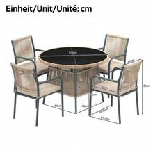 Modern Rattan Garden Furniture Set, Round Glass Table + 4 Armchairs, Iron Frame, Suitable For Terrace/Balcony/Deck - Gray + Iron + Polyester + Tempered Glass - View 2