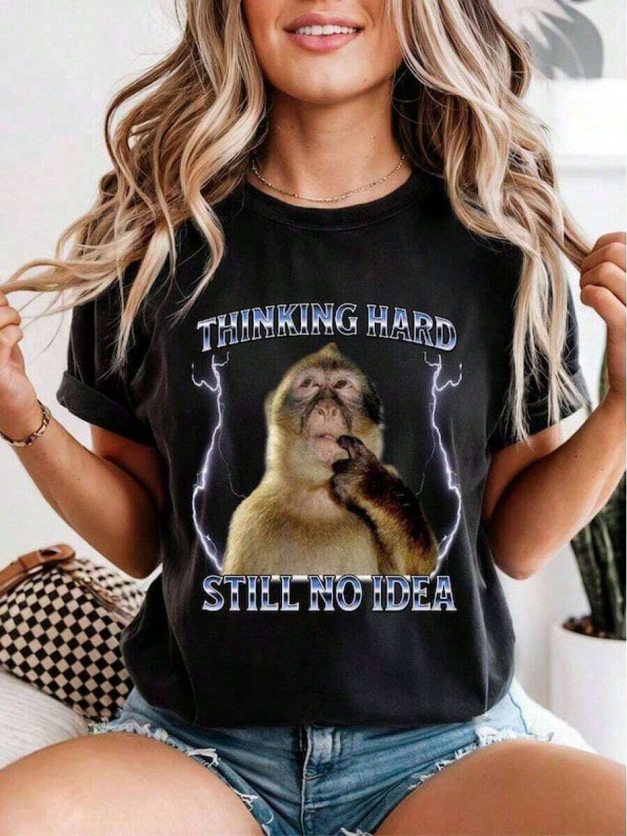 Camiseta Thinking Monkey, Camiseta Gráfica Grunge de los 90 - Estilo Urbano Vintage Unisex, Camiseta de Manga Corta de Algodón Holgada con Cuello Redondo, blusas para mujer. blusas.blusas casuales para dama. - Negro - Ver 1