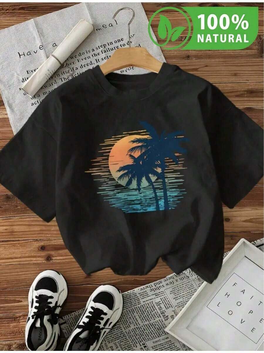 Camiseta de playa con diseño de atardecer en palmeras estilo tropical ideal para verano moda mexicana urbana cool cómoda para relajarse frente al mar hecha de algodón perfecta para días soleados outfit perfecto para paseos casuales y momentos de descanso en la playa - Negro - Ver 1