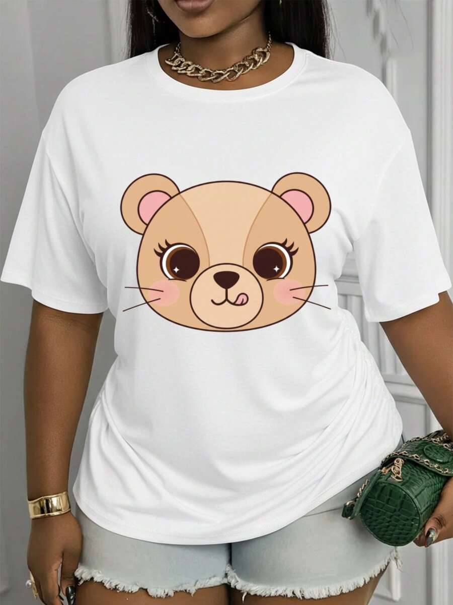 Suave, transpirable y ligera para comodidad durante todo el día. Bonito estampado de oso, camiseta cómoda lavable a máquina, estilo primavera/verano.| Manga corta, corte holgado, estilo moderno, material suave, camisa estampada, diseñada específicamente para entusiastas de la moda. Cuello redondo clásico con un corte relajado que favorece todas las formas del cuerpo y es fácil de combinar con jeans, shorts y leggings. - Blanco - Ver 1