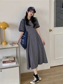 Women's Polka Dot Dress, Short Sleeve, Long Length, Suitable For Commuting, Office Casual, Cute And Stylish, Figure-Flattering, Elegant, Retro, Spring/Summer. - Blue and White - View 10
