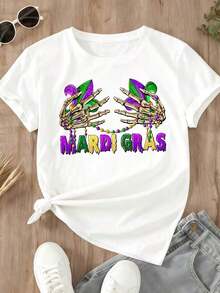 Camiseta Casual para Mujer con Estampado de Manos de Esqueleto con Cuentas y Plumas para Celebración de Fiesta de Mardi Gras - Blanco - Ver 2