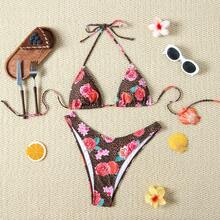 Nuevo traje de baño de dos piezas para mujer, bikini de tirantes muy vendido, estilo sexy para vacaciones, traje de baño de playa con estampado grande. - Flor - Ver 2
