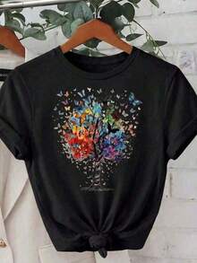 Camiseta Casual de Mujer con Cuello Redondo, Manga Corta, Largo Regular y Estampado de Árbol de Mariposas - Negro - Ver 2