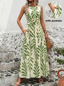 Vestido de verano sin mangas con cuello redondo, cintura ajustada y estampado todo sobre todo, para uso casual y vacaciones - verde menta - Ver 1