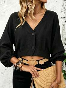 Áo cardigan tay phồng cổ chữ V cài một hàng khuy màu đen, chất liệu có họa tiết, kiểu dáng Nhật Bản thoải mái, rộng rãi, đa năng cho mặc hàng ngày, đi làm và đi nghỉ mát. - màu đen - Xem 1