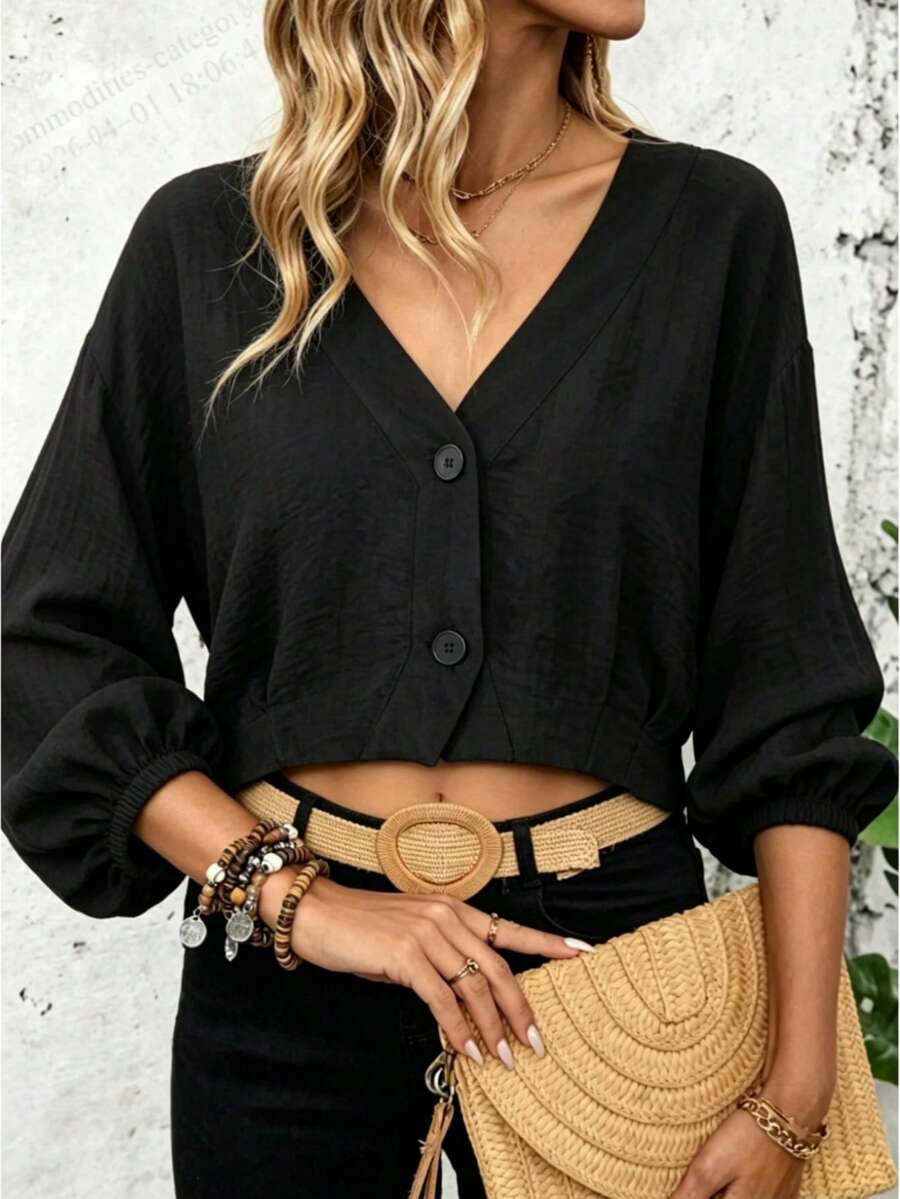 Áo cardigan tay phồng cổ chữ V cài một hàng khuy màu đen, chất liệu có họa tiết, kiểu dáng Nhật Bản thoải mái, rộng rãi, đa năng cho mặc hàng ngày, đi làm và đi nghỉ mát. - màu đen - Xem 1