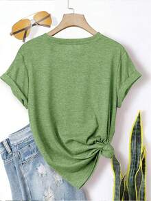 Camiseta de manga corta para mujer, elegante, con estampado de taza de café ADDICT, cuello redondo, cómoda, suave, transpirable, de nuevo estilo, a, fácil de combinar, retro, fresca, versátil para uso diario, estilo casual deportivo, disponible para primavera, verano, otoño e invierno. - Verde - Ver 2