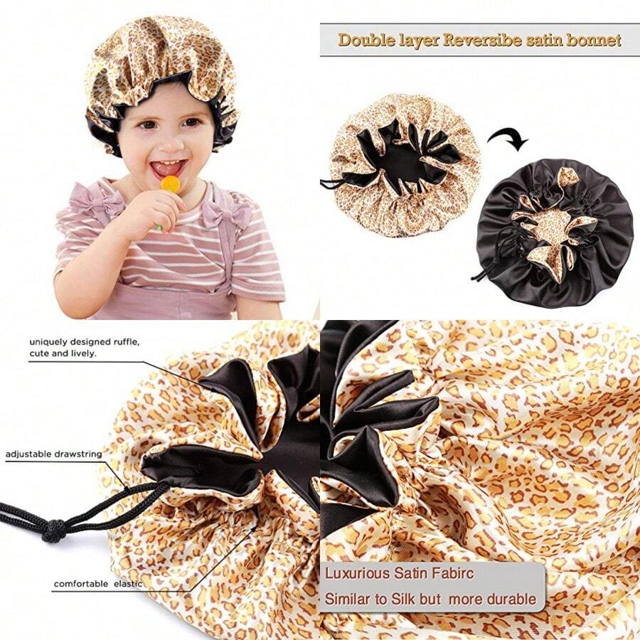 reatremy Extra Lare Adjustable Double Layer Satin Hair Bonnets with Drawstrin for Women Niht Sleepin Lon Silky Satin - Leopardo dorado/negro. - Ver 1