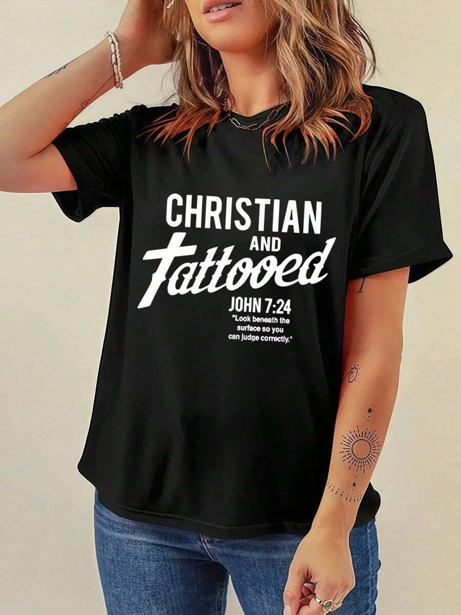 Camiseta Casual de Algodón Grueso de 180g para Mujer Payeah, con Estampado Digital Inspirador Cristiano y de Tatuajes, 100% Algodón (1 Pieza) - Negro - Ver 1