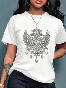 ComfortableCamiseta de mujer con diseño de real y escudo con alas, camiseta de verano de algodón con cuello redondo para mujer, top casual de manga corta, estilo único para uso diario, corte holgado, transpirable y suave, perfecta para conjuntos de vacaciones, el regalo perfecto para ella. Camiseta de manga corta para mujer, estilo básico que combina con todo, para uso interior y exterior. - Blanco - Ver 1