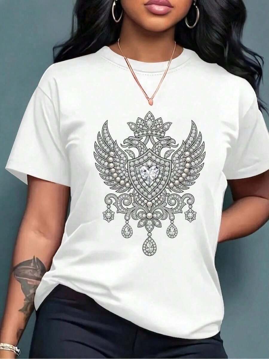 ComfortableCamiseta de mujer con diseño de real y escudo con alas, camiseta de verano de algodón con cuello redondo para mujer, top casual de manga corta, estilo único para uso diario, corte holgado, transpirable y suave, perfecta para conjuntos de vacaciones, el regalo perfecto para ella. Camiseta de manga corta para mujer, estilo básico que combina con todo, para uso interior y exterior. - Blanco - Ver 1
