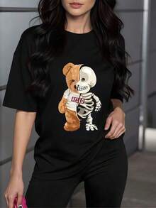 Soft Half Teddy Bear Half Skeleton Symbolizing The Duality Between Tenderness And Inner Strength, Reflecting A Unique Balance. Women's T-Shirt, 100% Cotton. New Summer Women's T-Shirt, Casual And Comfortable Crew Neck Top - 黑色 - 查看 1