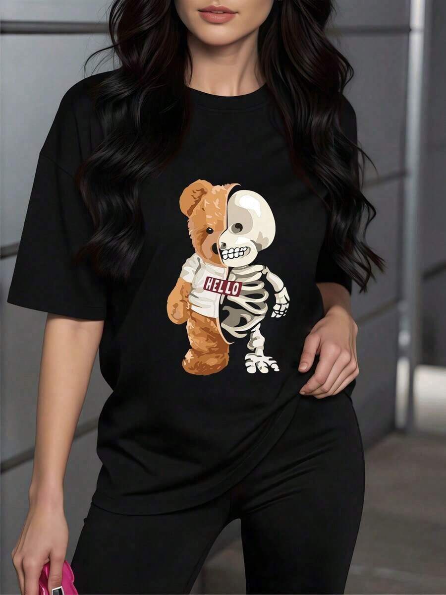 Soft Half Teddy Bear Half Skeleton Symbolizing The Duality Between Tenderness And Inner Strength, Reflecting A Unique Balance. Women's T-Shirt, 100% Cotton. New Summer Women's T-Shirt, Casual And Comfortable Crew Neck Top - 黑色 - 查看 1