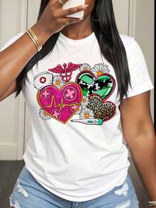 Camiseta de Mujer con Estampado de Corazón Médico y Flores, Ropa Casual de Verano - Blanco - Ver 6