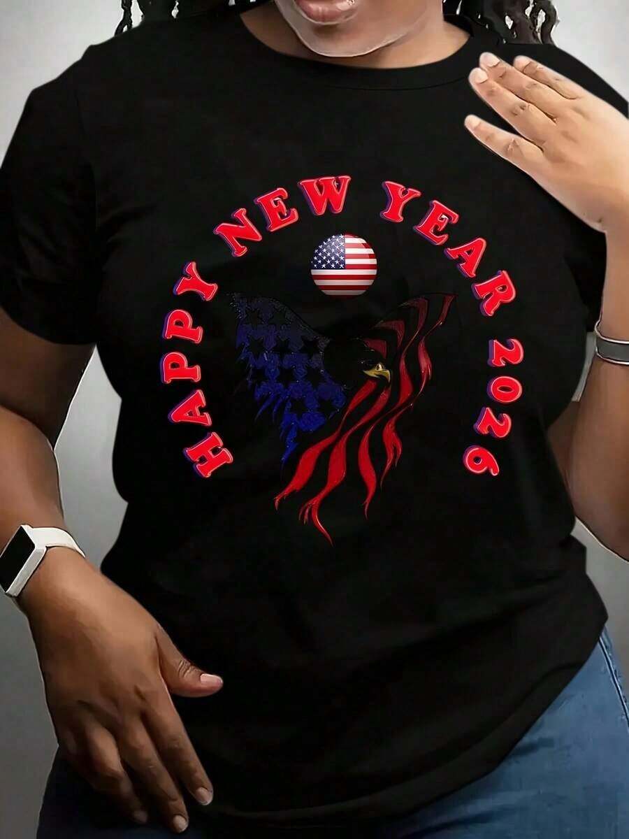 100% algodón, Camiseta de Mujer Feliz Año Nuevo 2026 con Diseño de Águila y Bandera Americana para Eventos de Celebración - Negro - Ver 1