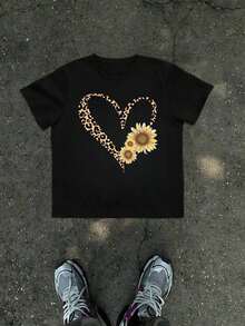 1 Men's T-Shirt With Leopard, Heart And Sunflower Print, Country Theme, 100% Cotton, Casual Summer T-Shirt For Men, Gift For Men, Urban Clothing - 黑色 - 查看 8
