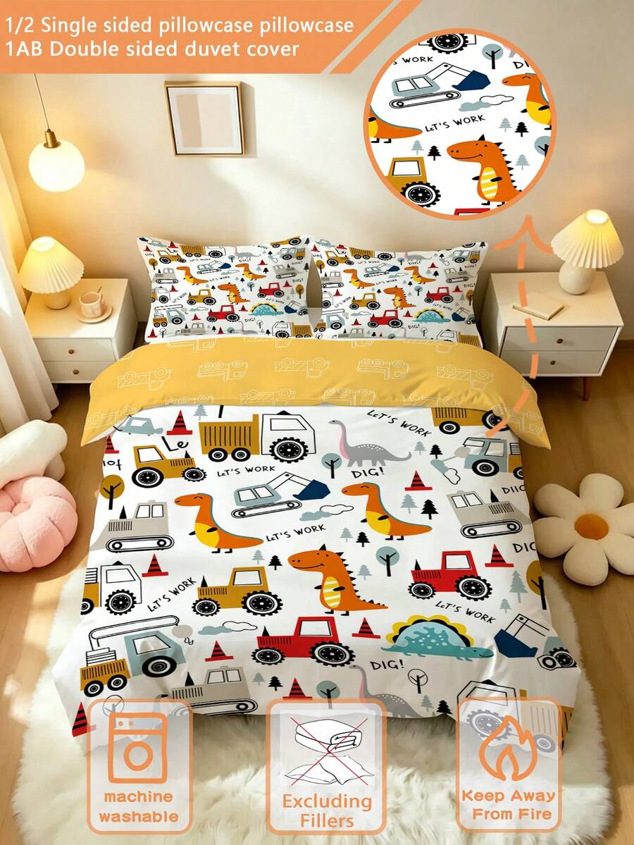 2/3pcs Ensemble de literie pour enfants avec motif de véhicule de construction et de dinosaure (série printemps/été) Ensemble de housse de couette imprimée recto-verso convenant aux enfants, adolescents, garçons et filles Utilisation toutes saisons Fermeture éclair (sans rembourrage) Taille de la taie d'oreiller 50x75cm 100% fibre de polyester - Multicolore - Voir 1