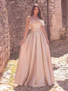 Elegant Buckle Waist Satin Formal Ball Strapless Dress - Champagne - View 1