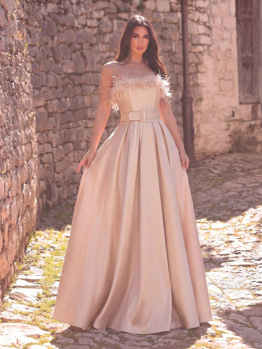 Elegant Buckle Waist Satin Formal Ball Strapless Dress - Champagne - View 1