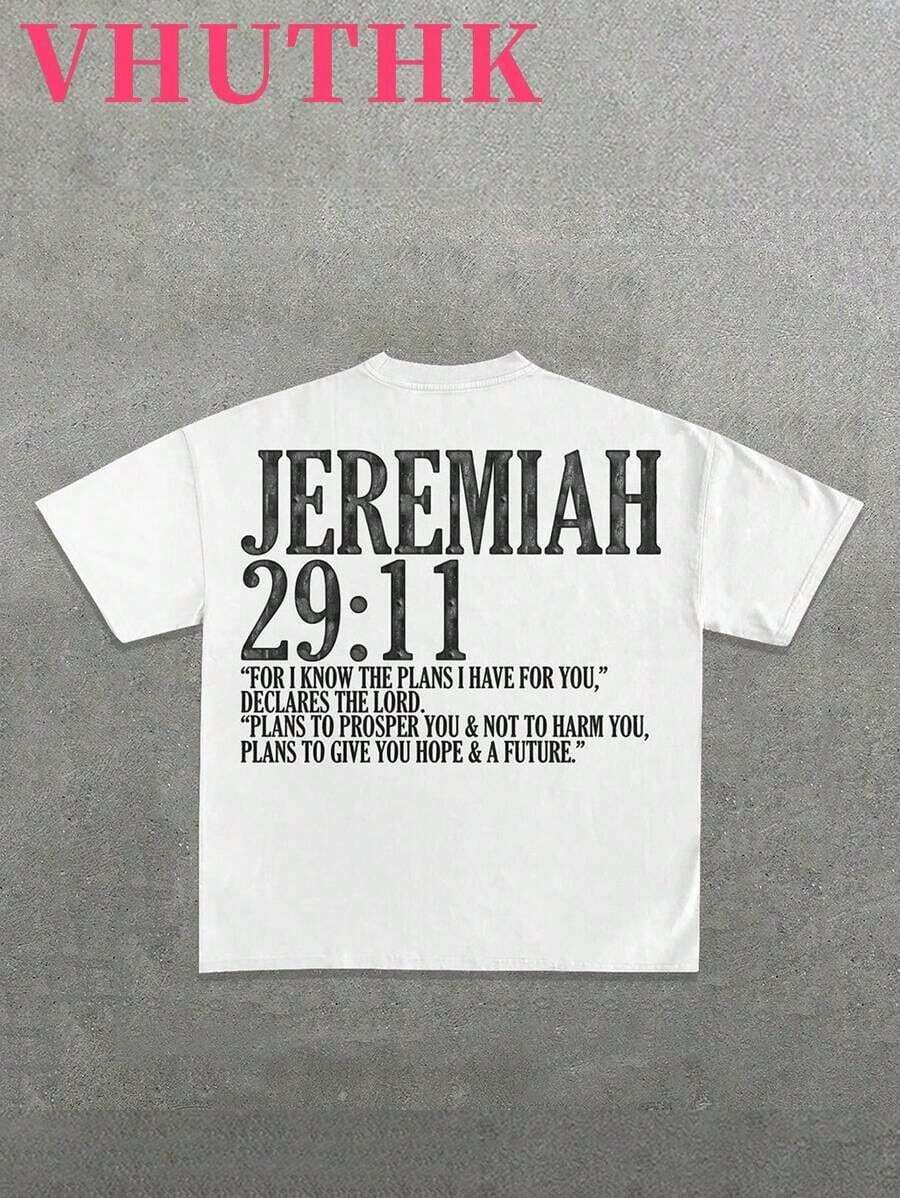 VHUTHK Camiseta de Algodón Puro 220 con Estampado a Doble Cara (Cuello Redondo, Manga Corta, Casual, Verano, para Hombre) JEREMIAH 29:11 - Blanco - Ver 1