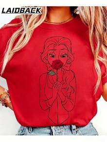 Camiseta de verano para mujer, de corte holgado, con estampado gráfico de princesa y rosa, estilo relajado, unisex, de manga corta, cuello redondo, estilo de cuento de hadas caprichoso, diseño minimalista de arte lineal, perfecta para noches de cine, salidas casuales, uso diario y para fans del estilo de cuento de hadas, regalo ideal para la Generación Z, amantes de la comodidad, tela de algodón suave y transpirable, color blanco. Ropa de talla grande para salidas al aire libre, adecuada tanto para hombres como para mujeres. - Rojo - Ver 9