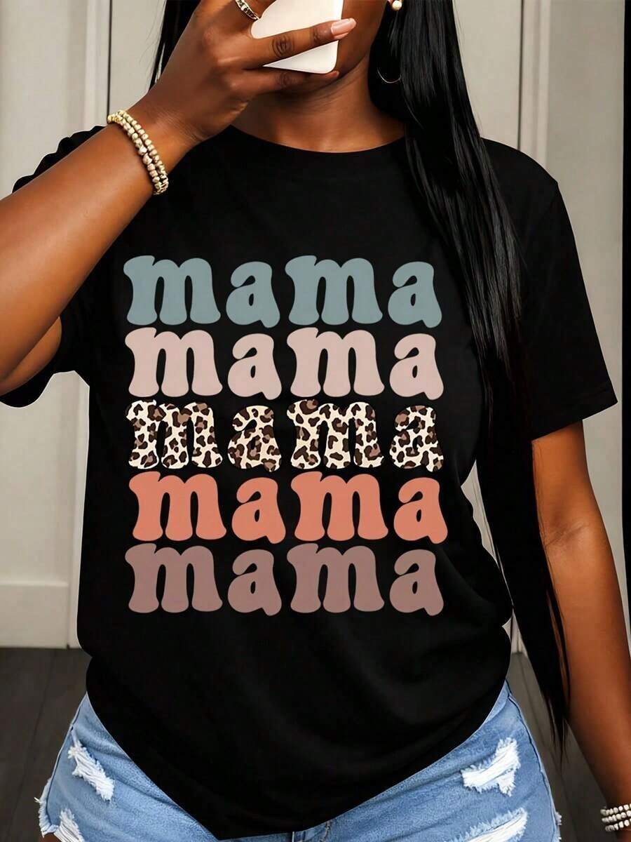 Women's T-Shirt With "Mama" Print, Leopard Pattern And Colorful Text For Casual Spring And Summer Wear - 黑色 - 查看 1