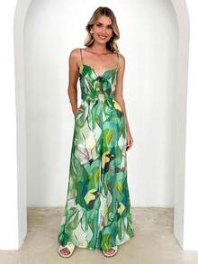 Mono estampado con tirantes y lazos de lazo, diseño casual elegante ideal para uso diario y ocasiones especiales - Verde - Ver 2