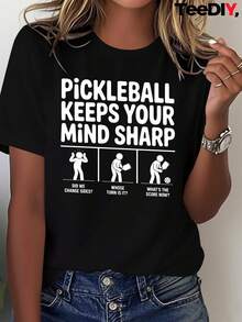 Camiseta de verano para mujer con estampado mixto de pickleball, cómoda y versátil, de manga corta, blusa casual para mujer. - Negro - Ver 1