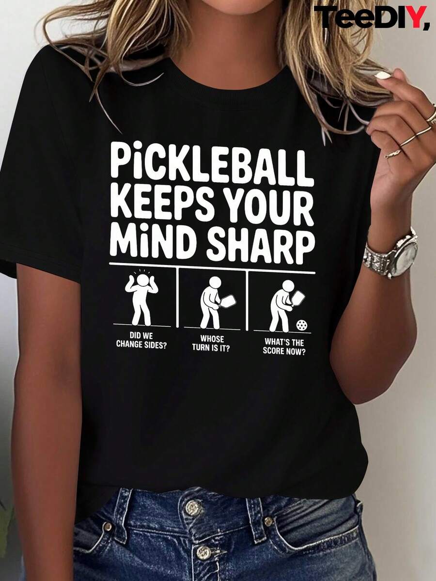 Camiseta de verano para mujer con estampado mixto de pickleball, cómoda y versátil, de manga corta, blusa casual para mujer. - Negro - Ver 1