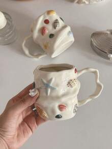 300ml Creative Summer Shell Embossed Ceramic Coffee Cup And Inspirational Decor Set/Single Item, Pure Handmade Hand-Painted Ceramic Mug, Cute Niche Drinking Cup, Latte Art Cup, Girly Gift Cup, Vintage 3D Hand-Painted Casual Cup, Starfish Shell Asymmetrical Ceramic Mug, Creative Tea Cup - Multicolor - View 4
