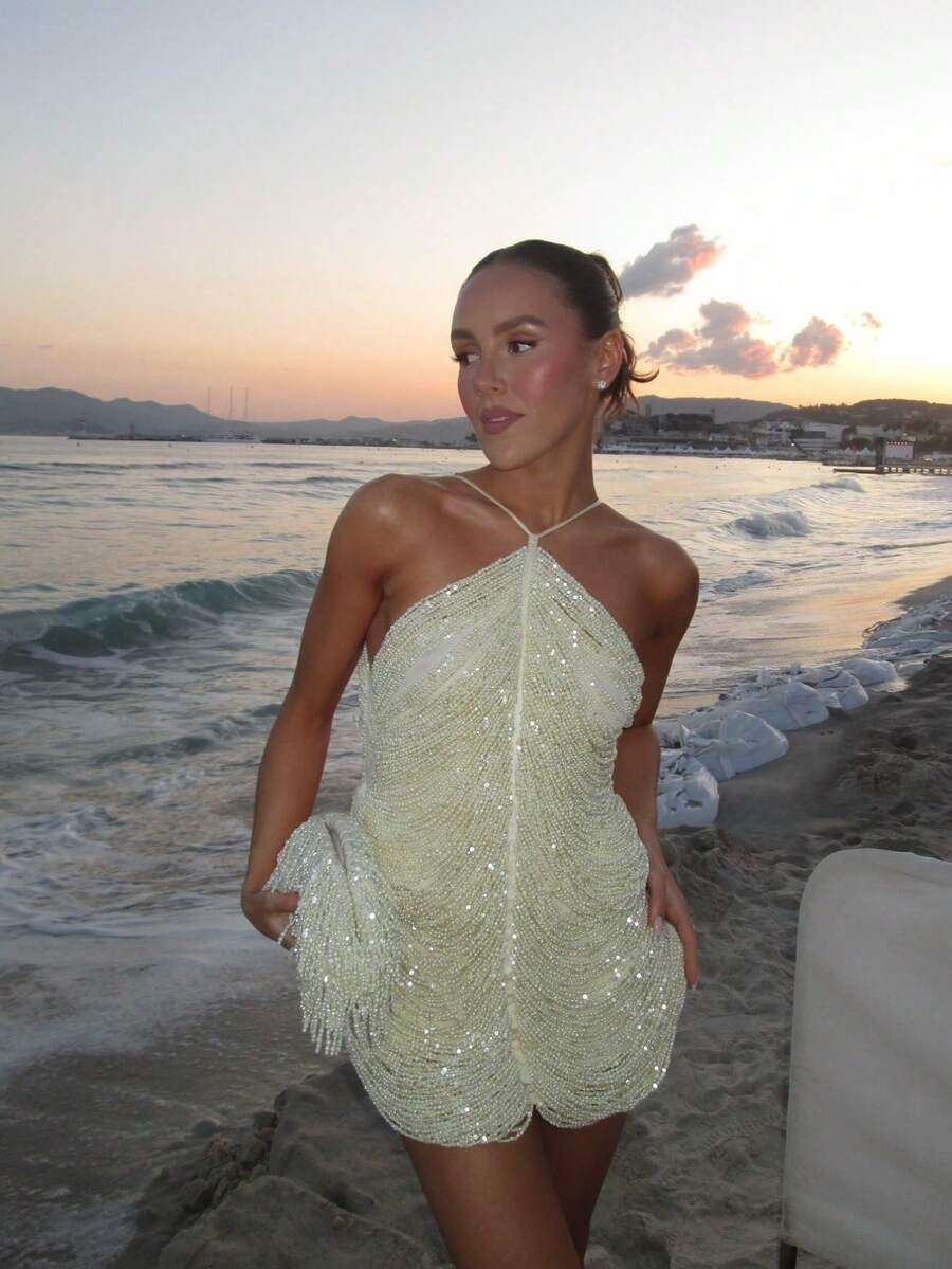 Vestido elegante con lentejuelas y flecos para eventos especiales - Dorado - Ver 1