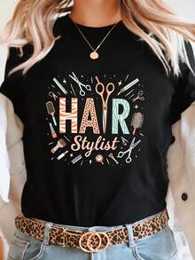 Camiseta negra con diseño de peluquería para mujer |   Camiseta casual de manga corta y cuello redondo con estampado de accesorios para el cabello, transpirable y de corte holgado, adecuada para primavera/verano, lavable a máquina, un artículo imprescindible para el guardarropa de verano, blusas para mujer con diseño divertido. - Negro - Ver 7