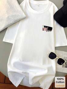 Minimalist. 1 Pack. 100% Cotton. Short-Sleeved, Mid-Length T-Shirt With Cartoon Motif, Casual Fashion Top For Women, Summer White. Summer Crew Neck. - 白色 - 查看 2