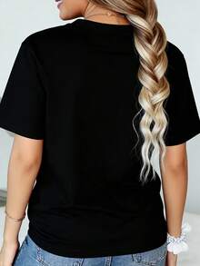 Camiseta negra de manga corta para mujer con estampado, para uso diario casual, imprescindible para el verano - Camiseta unisex de algodón holgada de manga corta y cuello redondo estilo vintage urbano. - Negro - Ver 2