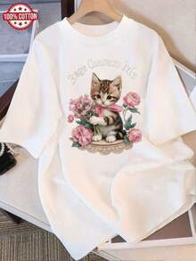 Camiseta de Mujer: Camiseta de Verano Moderna de Algodón Puro, Cuello Redondo Holgado, Ropa Versátil para Mujer, Camiseta Casual Cómoda para Adolescentes, Tops de Manga Corta Vibrantes y Juveniles para Uso Diario. - Negro - Ver 8