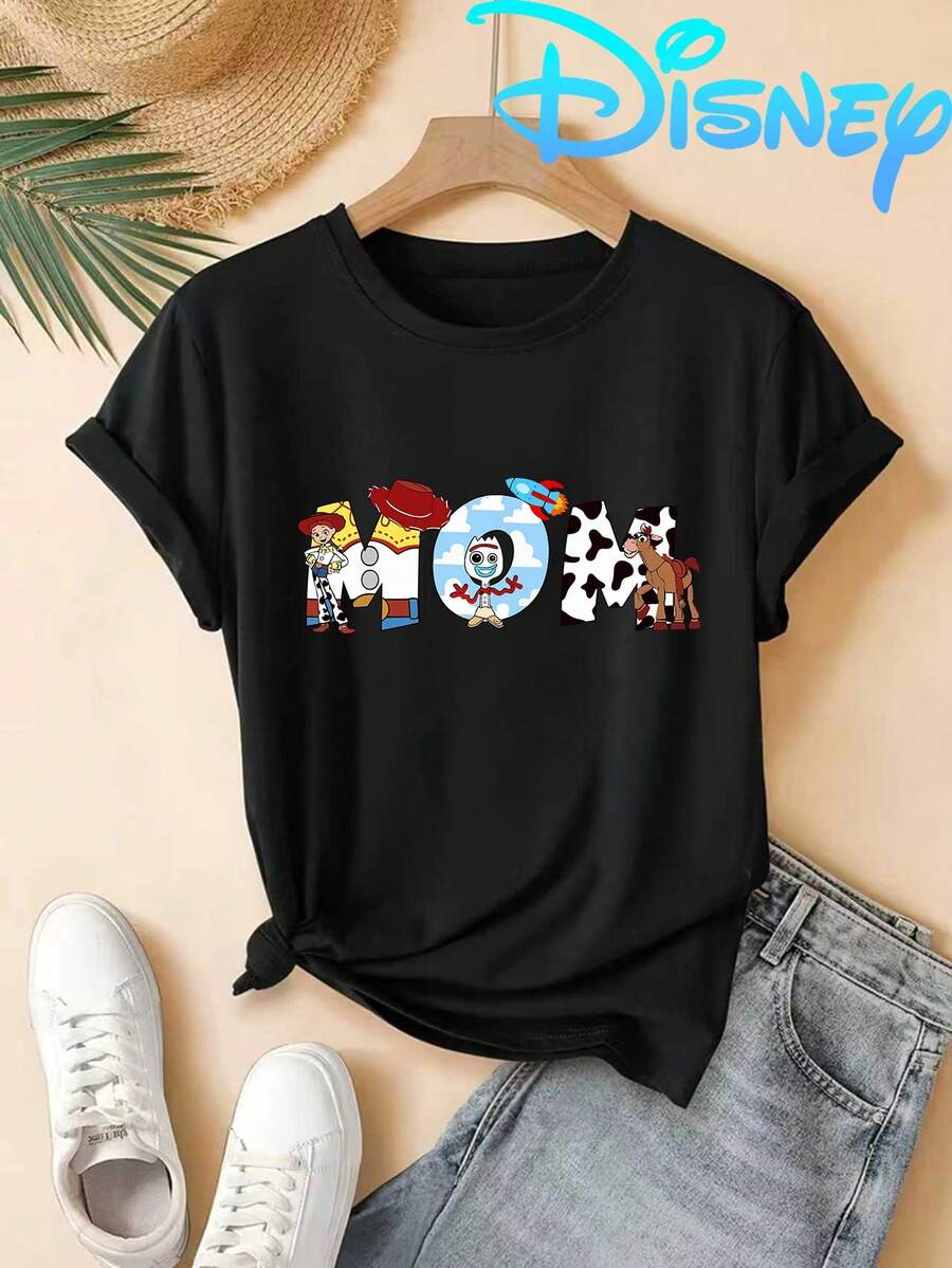 Disney Toy Story MOM Print Mother'S Day Family Style Pure T-Shirt For Women Featuring A Round Neck, Perfect For Spring/Summer With Short Sleeves, Ideal For Casual Shopping, Holiday Presents, Gatherings With Friends, And Vacation Wear - màu đen - Xem 1