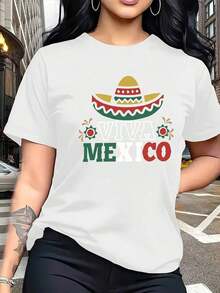 Camiseta de algodón con estampado de eslogan de Estilo Vintage Lisboa. Sombrero tradicional de ala ancha con temática mexicana combinado con una camiseta de cuello redondo estampada con los colores de la bandera mexicana y el eslogan "VIVA MÉXICO". Adecuado para quienes buscan individualidad y un estilo natural. Se puede usar solo en verano para el día a día. - Blanco - Ver 1