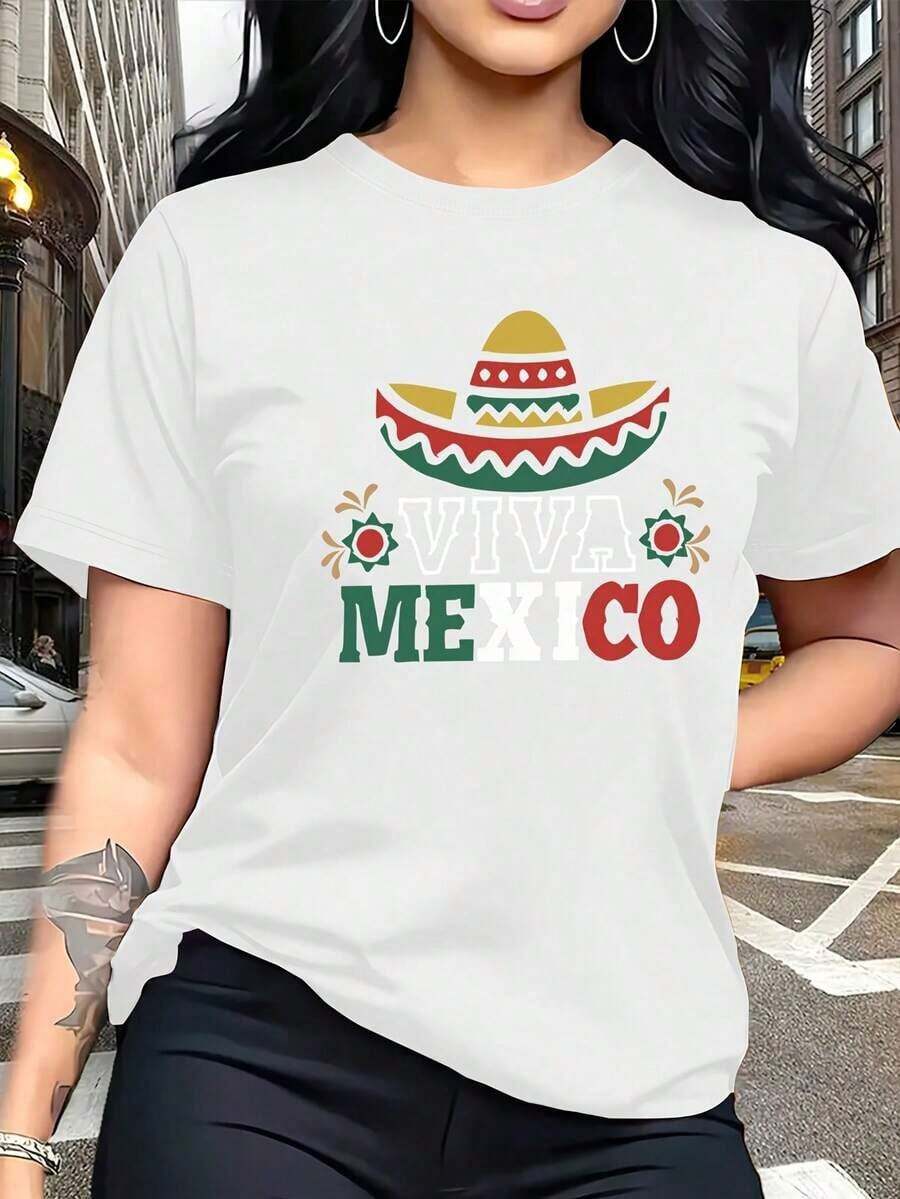 Camiseta de algodón con estampado de eslogan de Estilo Vintage Lisboa. Sombrero tradicional de ala ancha con temática mexicana combinado con una camiseta de cuello redondo estampada con los colores de la bandera mexicana y el eslogan "VIVA MÉXICO". Adecuado para quienes buscan individualidad y un estilo natural. Se puede usar solo en verano para el día a día. - Blanco - Ver 1