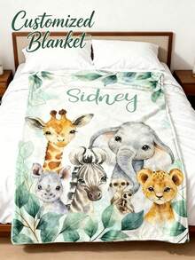 Personalized Name Fleece Blanket, Watercolor Wild Animal Jungle And Green Leaf Print, Soft And Comfortable Custom Throw Blanket, Suitable For Baby Nursery And Children's Bedroom - Multicolor - View 1