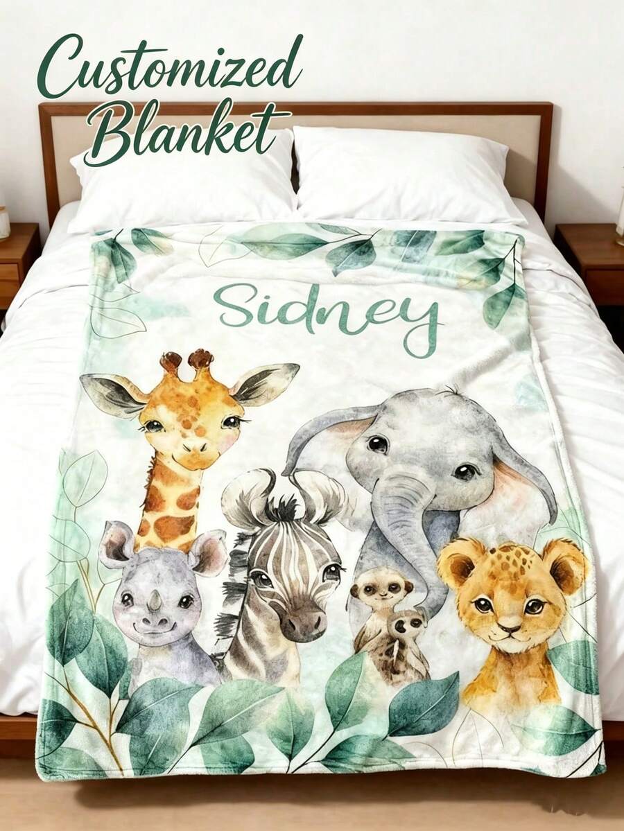 Personalized Name Fleece Blanket, Watercolor Wild Animal Jungle And Green Leaf Print, Soft And Comfortable Custom Throw Blanket, Suitable For Baby Nursery And Children's Bedroom - Multicolor - View 1