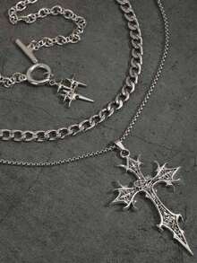 Bộ 3 dây chuyền mặt dây chuyền hình ngôi sao, sao băng, thánh giá phong cách Gothic Punk cổ điển, dây chuyền choker nhiều lớp bằng thép không gỉ, thiết kế Y2K Châu Âu và Mỹ dành cho nữ. - Bạc - Xem 5
