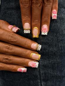 10 piezas Conjunto de uñas postizas cuadradas Y2K - Hechas a mano, uñas rosas, uñas doradas, uñas con puntas francesas blancas y doradas, flores rosas 3D hechas a mano y diseño de anillo dorado 3D, arte de uñas con joyería 3D, diseño de lunares negros y dorados dibujados a mano, uñas degradadas rosas dibujadas a mano - Multicolor - Ver 4