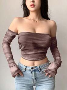 Top de manga larga con hombros descubiertos, de malla transparente con efecto tie-dye, para salir, festivales y verano, top con hombros descubiertos, ropa de vuelta al colegio - Marrón - Ver 1