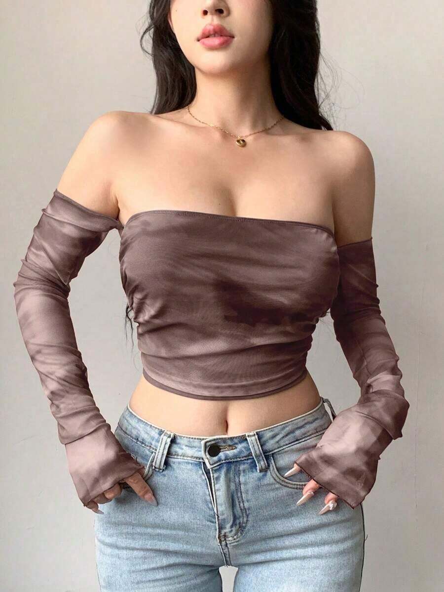 Top de manga larga con hombros descubiertos, de malla transparente con efecto tie-dye, para salir, festivales y verano, top con hombros descubiertos, ropa de vuelta al colegio - Marrón - Ver 1