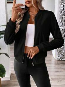 Chaqueta casual versátil de unicolor, de manga larga y hombros regulares con cremallera corta para mujer - Negro 2 - Ver 1