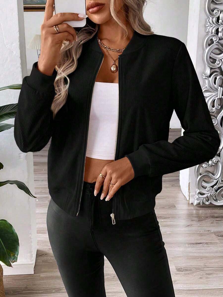 Chaqueta casual versátil de unicolor, de manga larga y hombros regulares con cremallera corta para mujer - Negro 2 - Ver 1