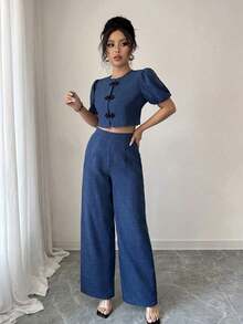 Conjunto de 2 piezas para mujer con efecto de mezclilla y mangas abullonadas elegantes en azul - Azul - Ver 6