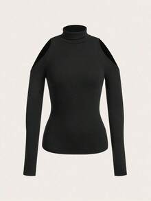 Bodys de mujer de ajuste ceñido de unicolor y manga larga con diseño calado, para primavera y otoño - Negro - Ver 3